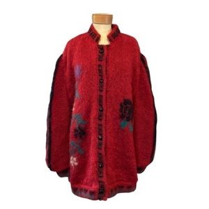 Vintage Irish Red Puff Sleeve Mohair Knit Cardigan Coat/Shacket